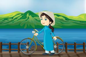 A girl with bicycle on a bench vector