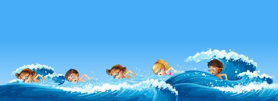 Many children swimming in the ocean vector