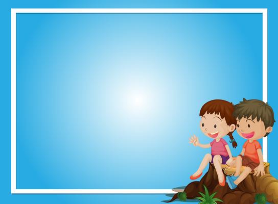 Blue background template with boy and girl on log