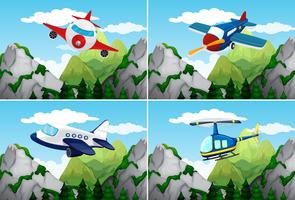 Aviones y helicópteros sobrevolando las montañas. vector