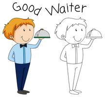 Doodle personaje de camarero con bandeja de servir. vector