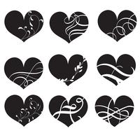 Conjunto de corazones de vector negro con broche de oro. Dibujado a mano vintage caligrafía Letras ilustración vectorial EPS10