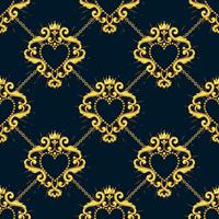 Sacred heart and golden chain on black blue background. Seamless pattern.  vector