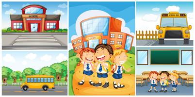 Children and different school scenes vector