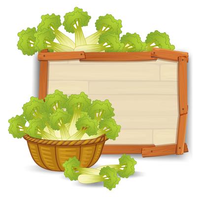 A basket of celery on wooden banner