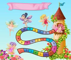 Boardgame template with fairies flying in garden vector