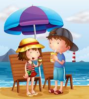Dos niños en la playa cerca de las sillas de madera. vector