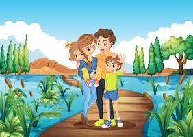 Family standing on the bridge vector