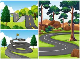 Tres escenas con caminos en el parque. vector