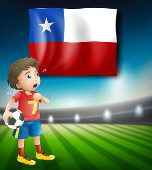 Futbolista enfrente de la bandera de chile vector