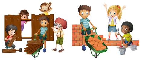 Children building brick wall and wooden fence vector