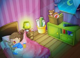 Little girl sleeping with bunny doll in bedroom vector