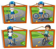 Cuatro cuadros de niños montando bicicleta vector