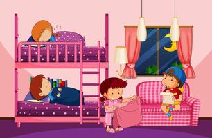 Four children in bedroom with bunkbed vector