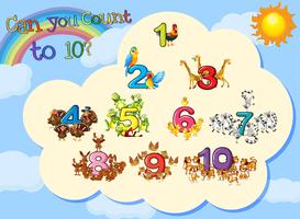 Many animals with numbers to ten vector