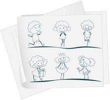 A paper with a drawing of a girl in different attires vector