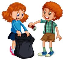 Boy and girl picking up trash vector