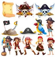 Diferentes personajes piratas y símbolos piratas. vector