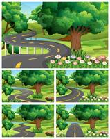 Cinco escenas de jardín con carretera vacía. vector