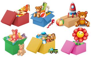 Seis cajas de juguetes vector