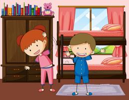 Boy and girl exercise in bedroom vector