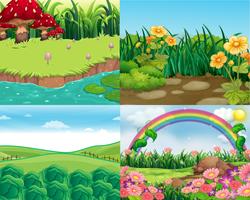 Four scenes with vegetables and flowers vector