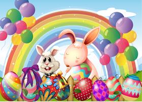 Conejitos y huevos coloridos cerca del arcoiris y globos flotantes. vector