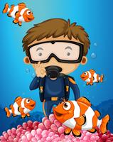 Man diving underwater with many clownfish vector