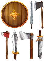 Un escudo, espadas y hachas. vector