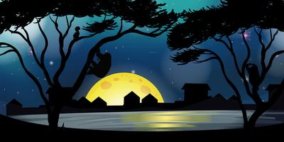 Silhouette scene with buildings and lake at night vector