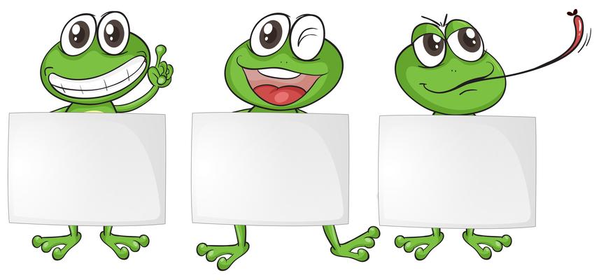 Three blank papers with happy frogs