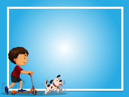 Blue background template with boy and pet dog