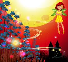 Cute fairy flying in garden with red sky in background vector