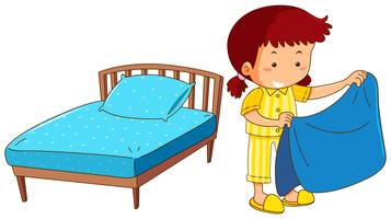 Girl making bed on white background vector