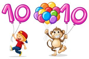 Boy and monkey with balloon for number 10 vector