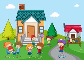 Children playing at rural house vector