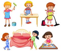 Girls doing different chores on white background vector