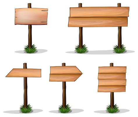 Five wooden signs on white background