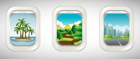 Three airplane windows with different views vector