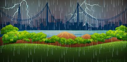 Escena de fondo con lluvia y truenos vector