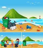 Los niños ayudan a limpiar la playa sucia vector
