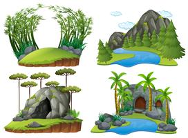 Four scenes with mountains and trees vector