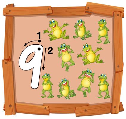 Nine frog on wooden banner