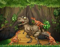 T-Rex fighting raptors in forest vector