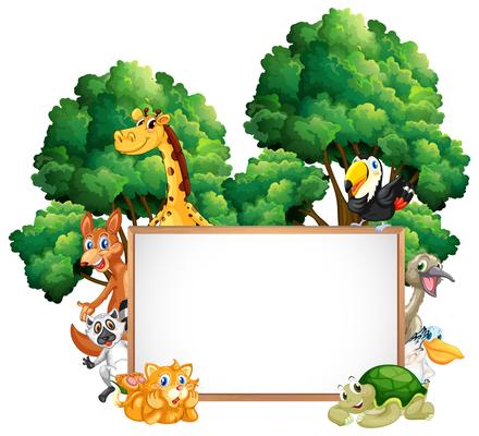 Wooden frame with many animals in forest
