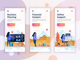 Set of onboarding screens user interface kit for Planning, Financial Analysis, Support, mobile app templates concept. Modern UX, UI screen for mobile or responsive web site. Vector illustration.