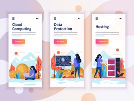 Set of onboarding screens user interface kit for Cloud Computing, Protection, Hosting, mobile app templates concept. Modern UX, UI screen for mobile or responsive web site. Vector illustration.