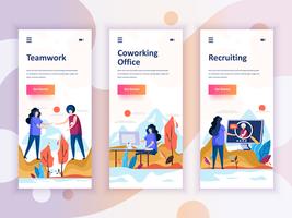 Set of onboarding screens user interface kit for Teamwork, Coworking Office, Recruiting, mobile app templates concept. Modern UX, UI screen for mobile or responsive web site. Vector illustration.