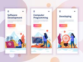 Set of onboarding screens user interface kit for Development, Programming, Developing, mobile app templates concept. Modern UX, UI screen for mobile or responsive web site. Vector illustration.