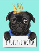 black pug dog holding sign and crown vector